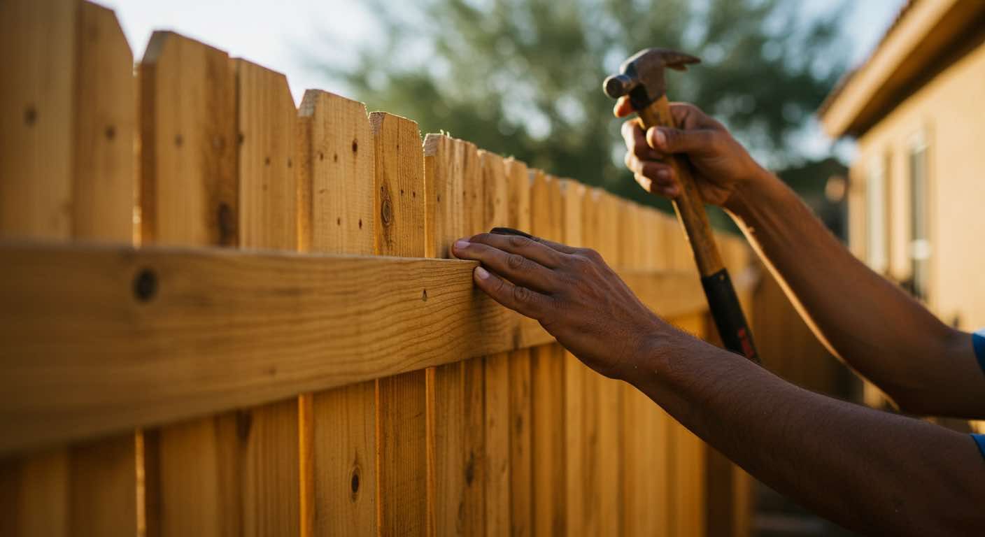 A man is hammering a nail into a wooden fence.