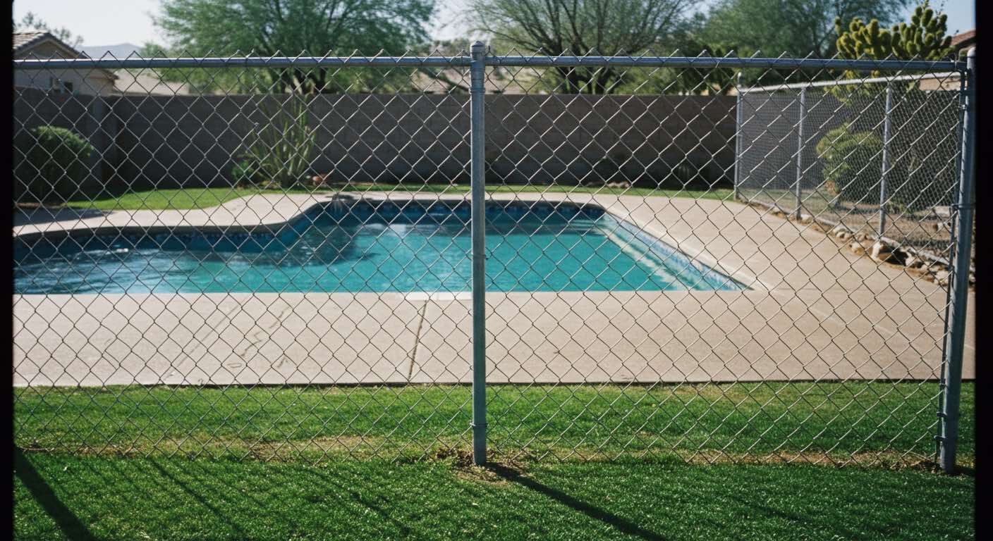 A chain link fence surrounds a swimming pool in a backyard