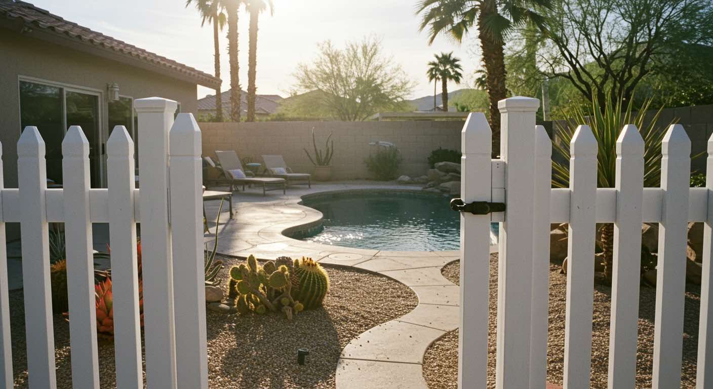 A white picket fence surrounds a swimming pool in front of a house.
