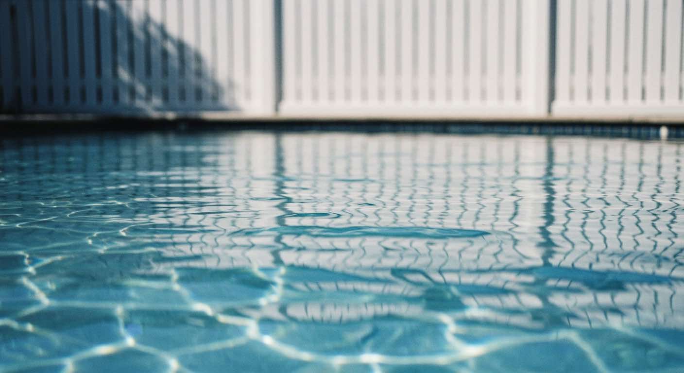 A swimming pool with a white fence in the background.