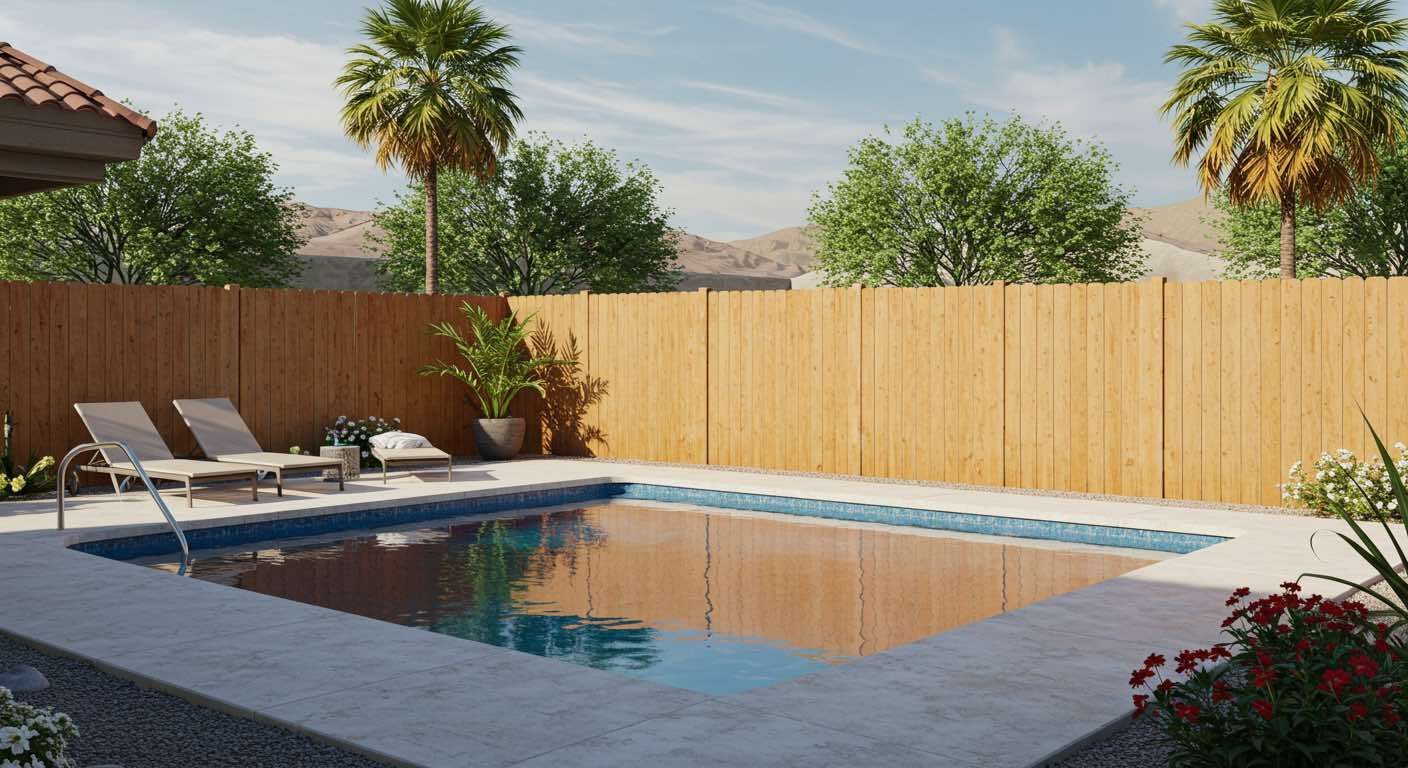 A wooden gazebo with a fence around it and a swimming pool in the background.