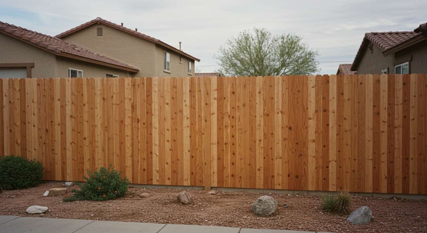 A wooden fence with a house in the background