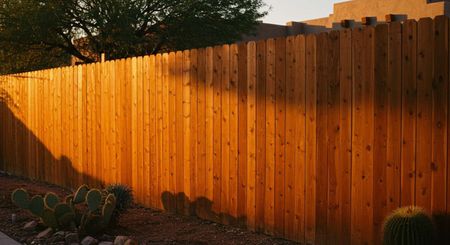 A wooden fence is surrounded by cactus and trees.