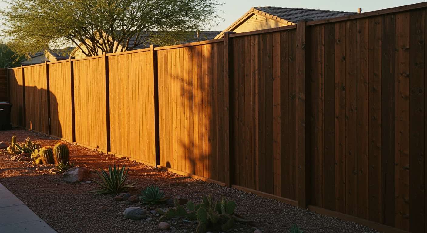 Wooden privacy fence in a yard with gravel, cacti, and a house in the background.