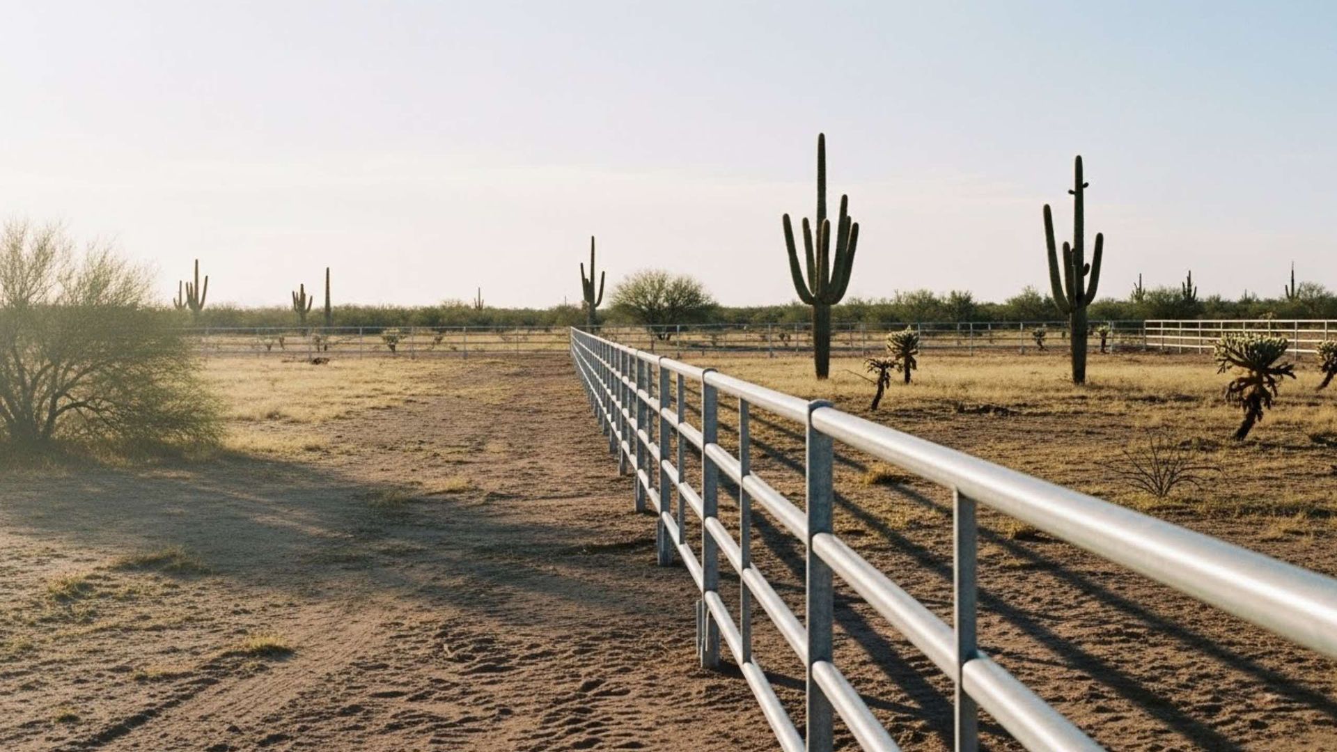 Chain-link fence in front of a house, set in a yard with gravel and small bushes.