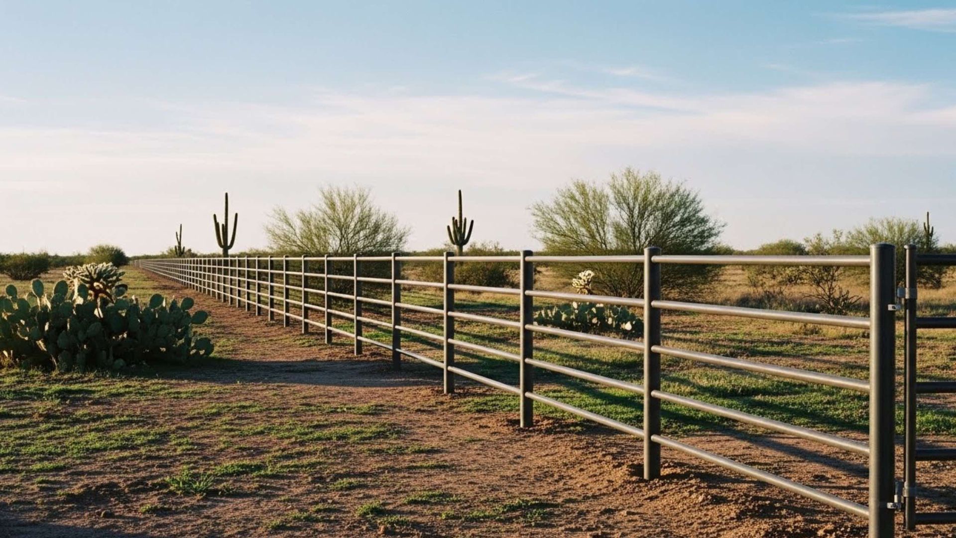 Metal fence in desert landscape with cacti and bushes under a blue sky.