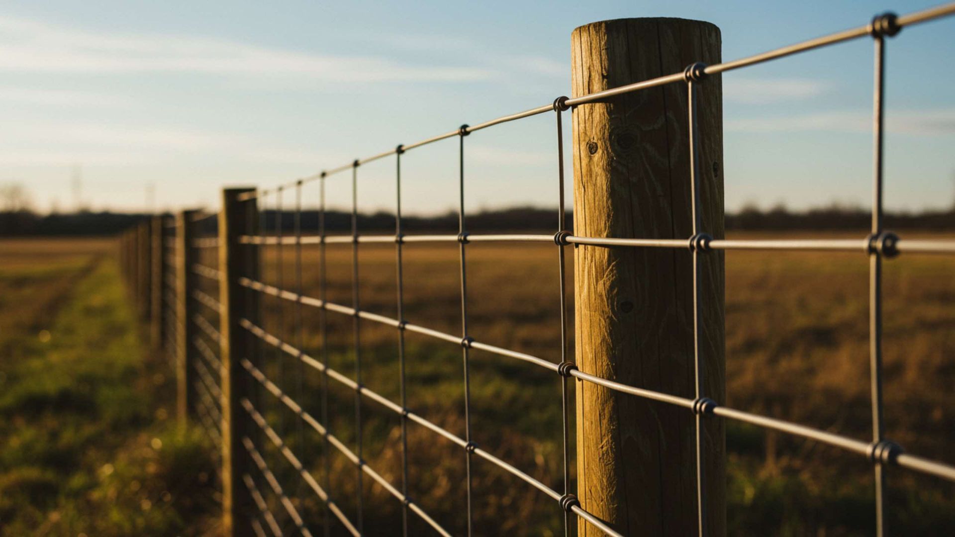 Wooden fence with wire mesh in a field, bathed in warm sunlight.