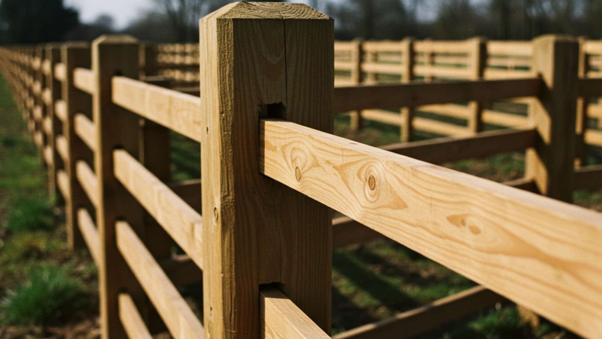 Wooden farm fence in a field, constructed with posts and horizontal rails.