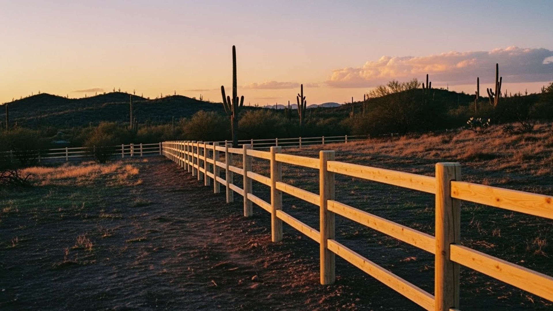 Wooden fence in a desert landscape at sunset, with saguaro cacti and hills in the background.