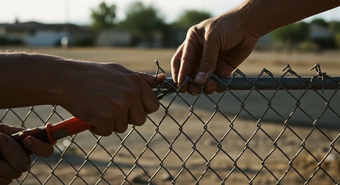 Two people are working on a chain link fence.