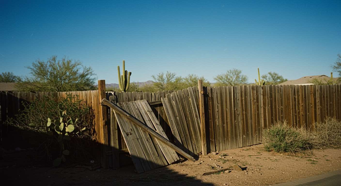 A wooden fence with a broken gate in the desert.