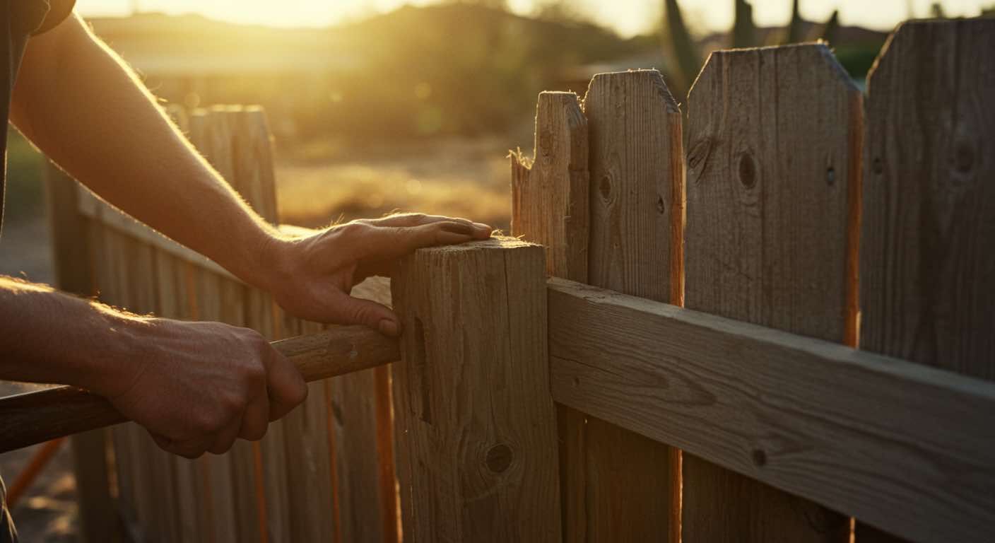 A man is fixing a wooden fence with a hammer at sunset.