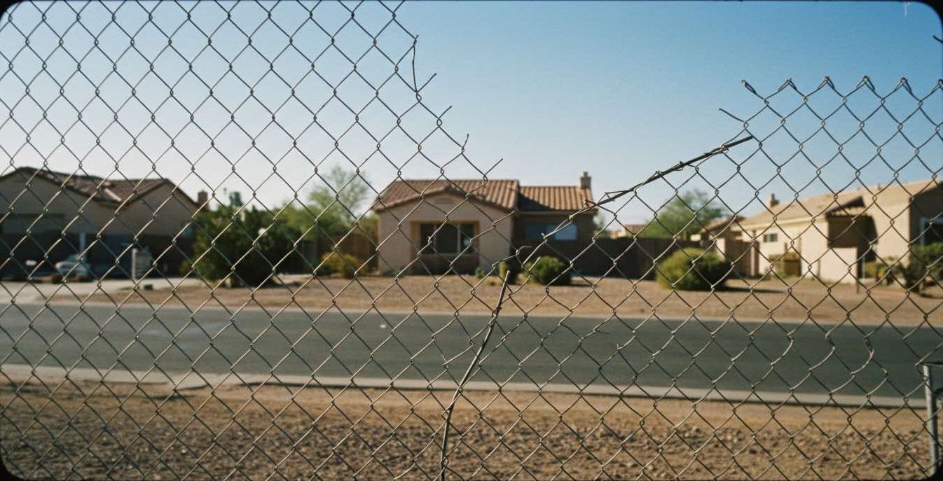A chain link fence with a house in the background