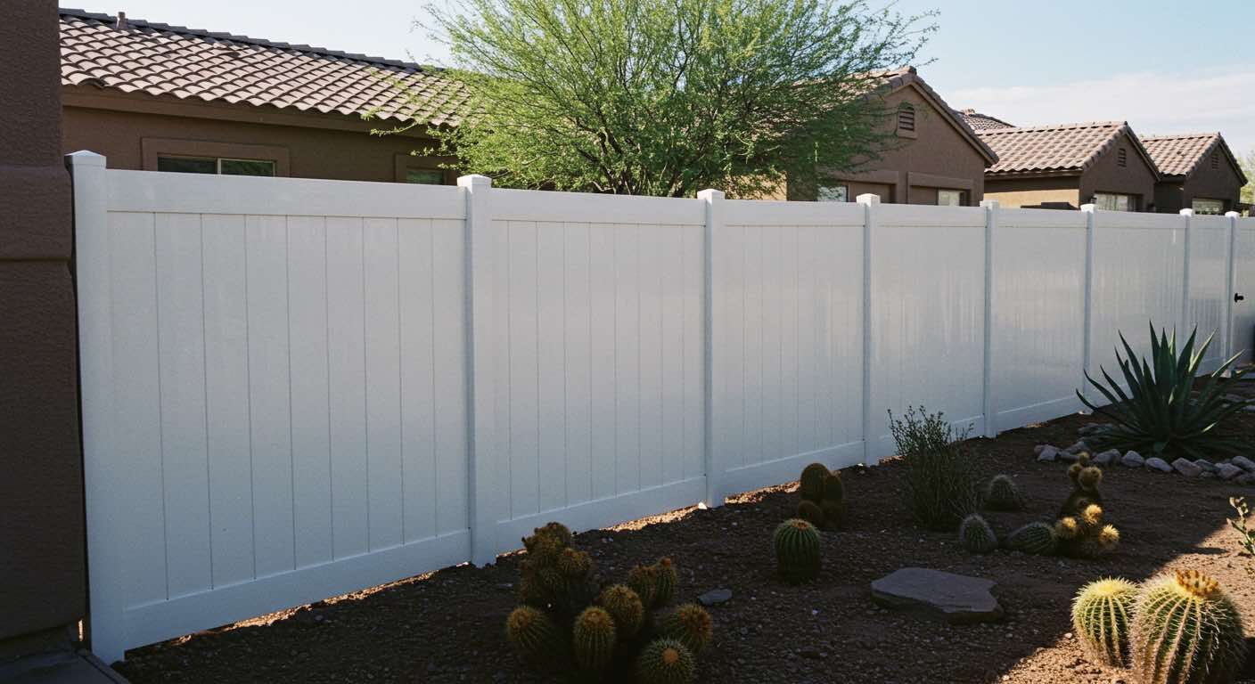 White vinyl fence in a backyard with cacti and houses.