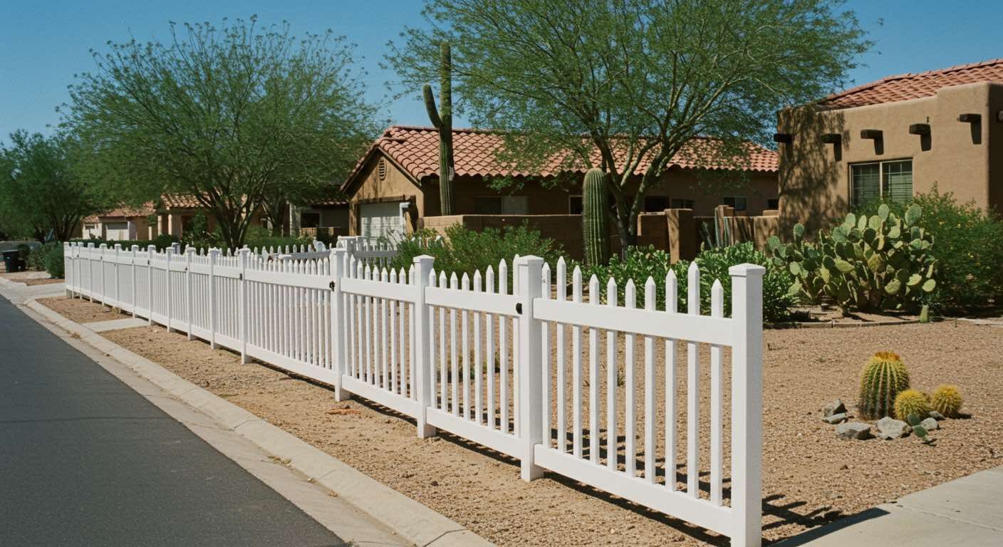 A white picket fence with a house in the background