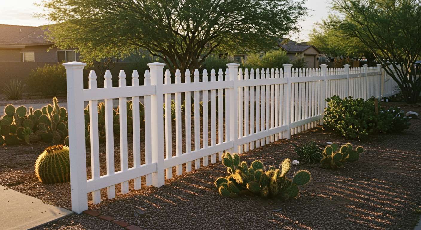 A white picket fence surrounds a cactus garden