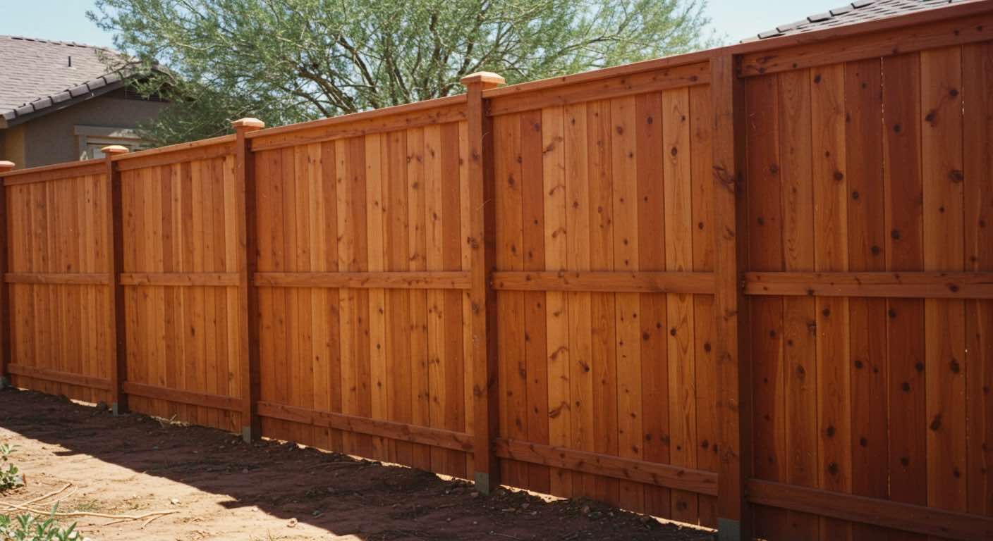 A wooden fence with a house in the background