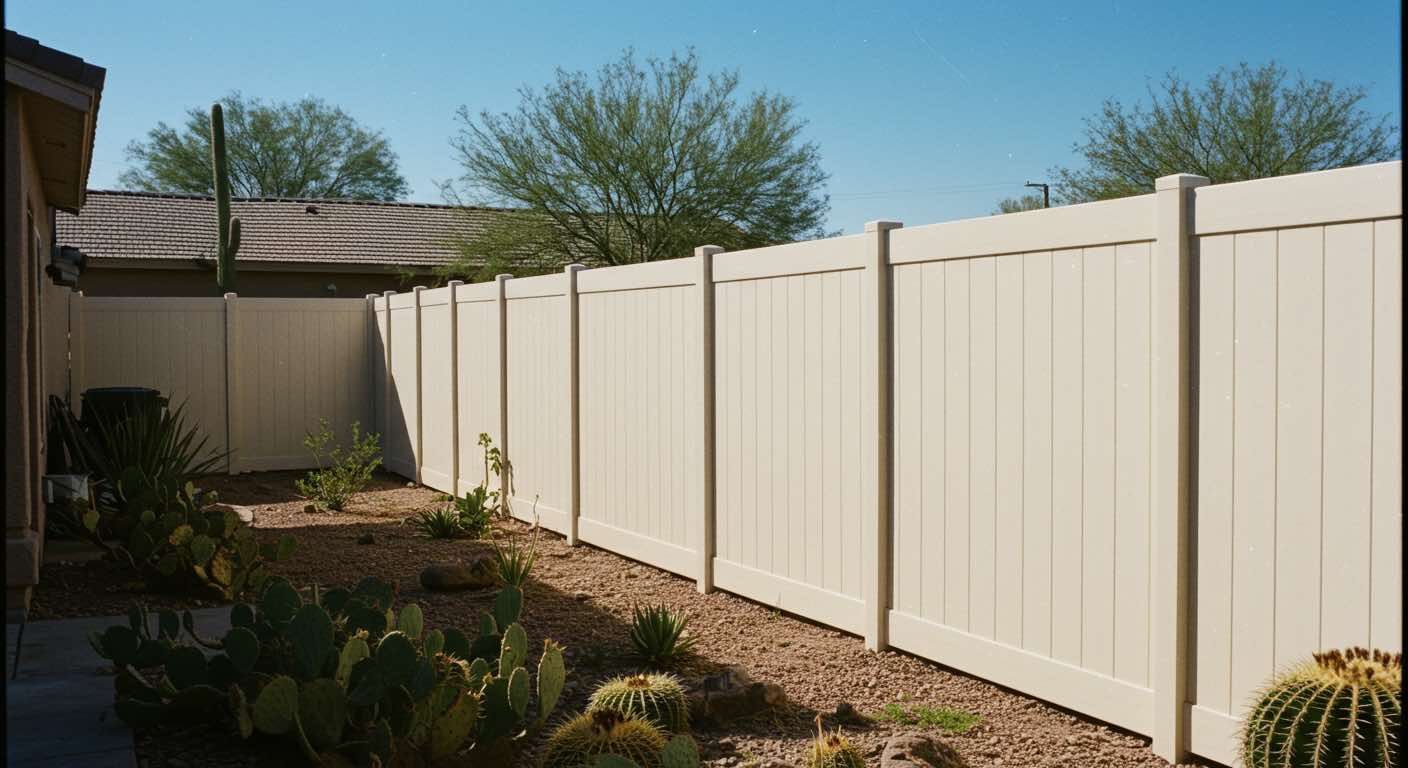 A white fence surrounds a cactus garden in front of a house.