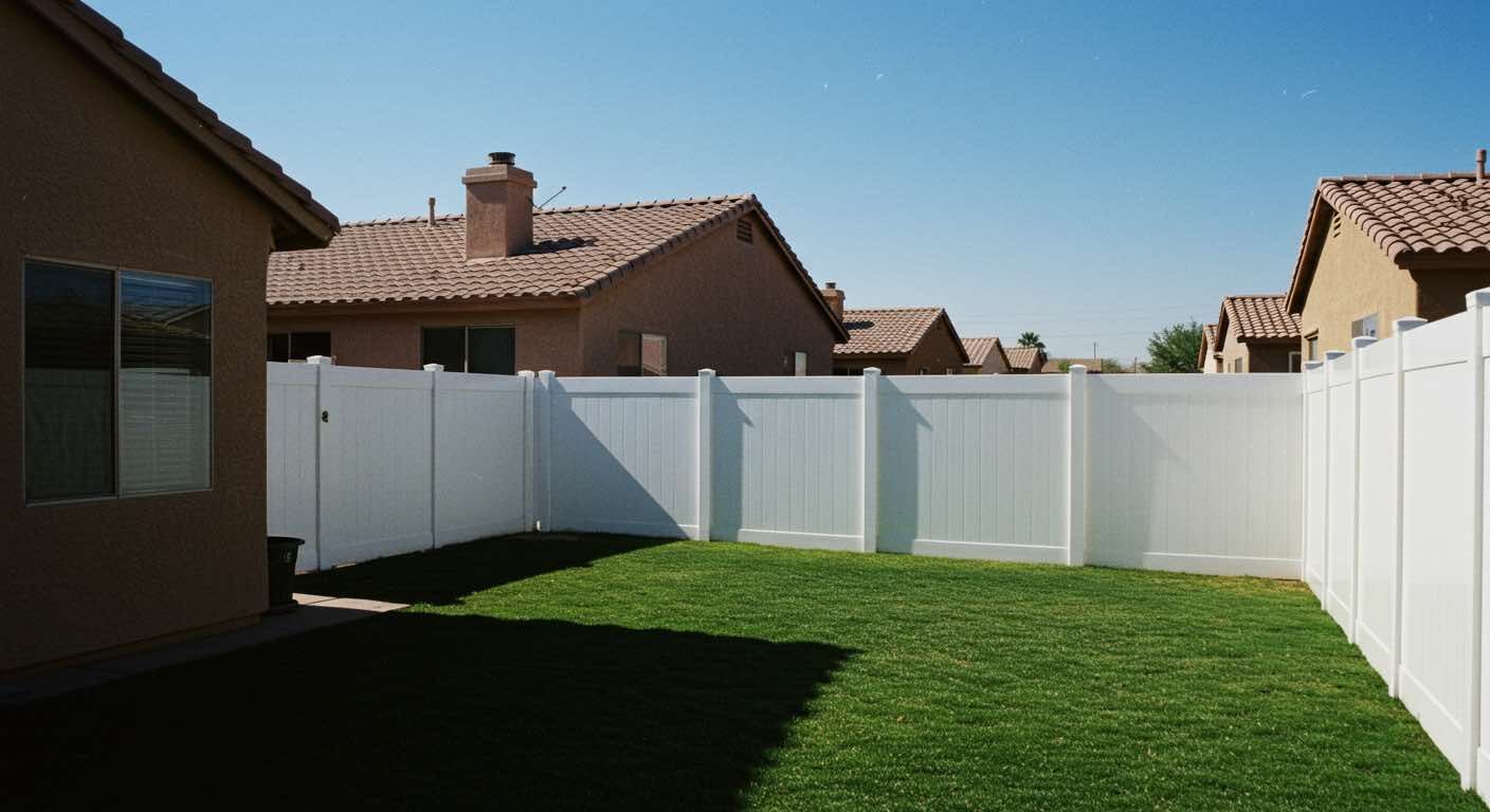 A backyard with a white fence and a lush green lawn