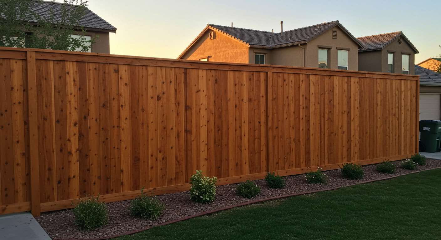 A wooden fence is in the backyard of a house.