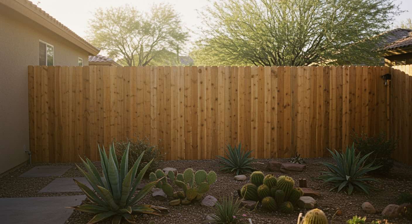A wooden fence is surrounded by cactus and rocks in a backyard.