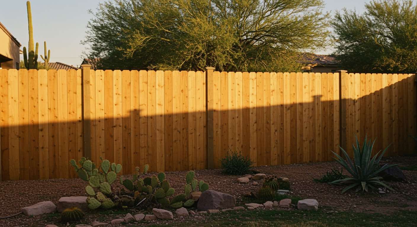 A wooden fence in a backyard with cactus and rocks
