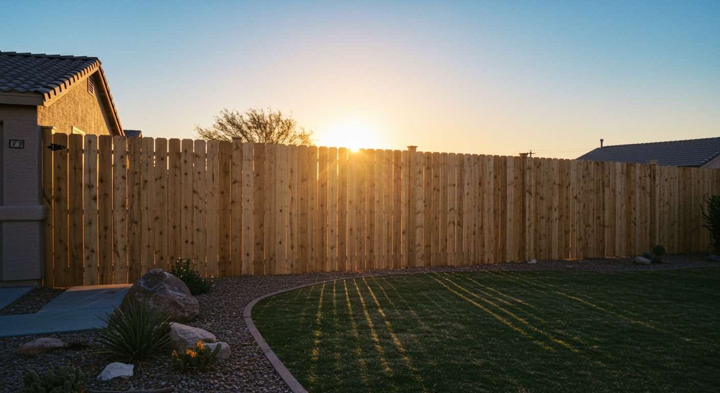 The sun is setting behind a wooden fence in a backyard.