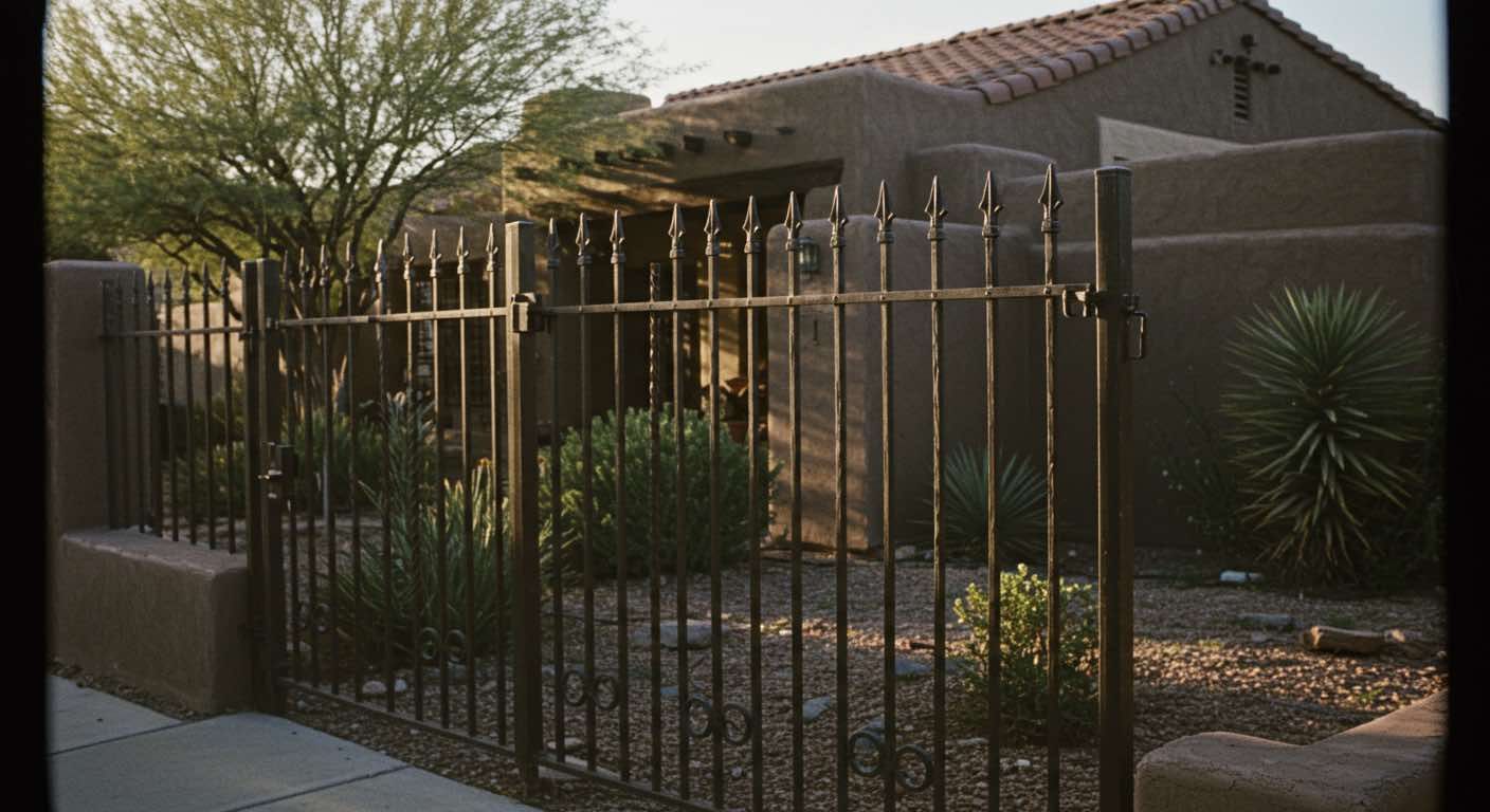 A wrought iron fence surrounds a house with a cross on the roof