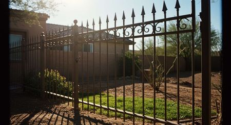 A wrought iron fence surrounds a lush green field