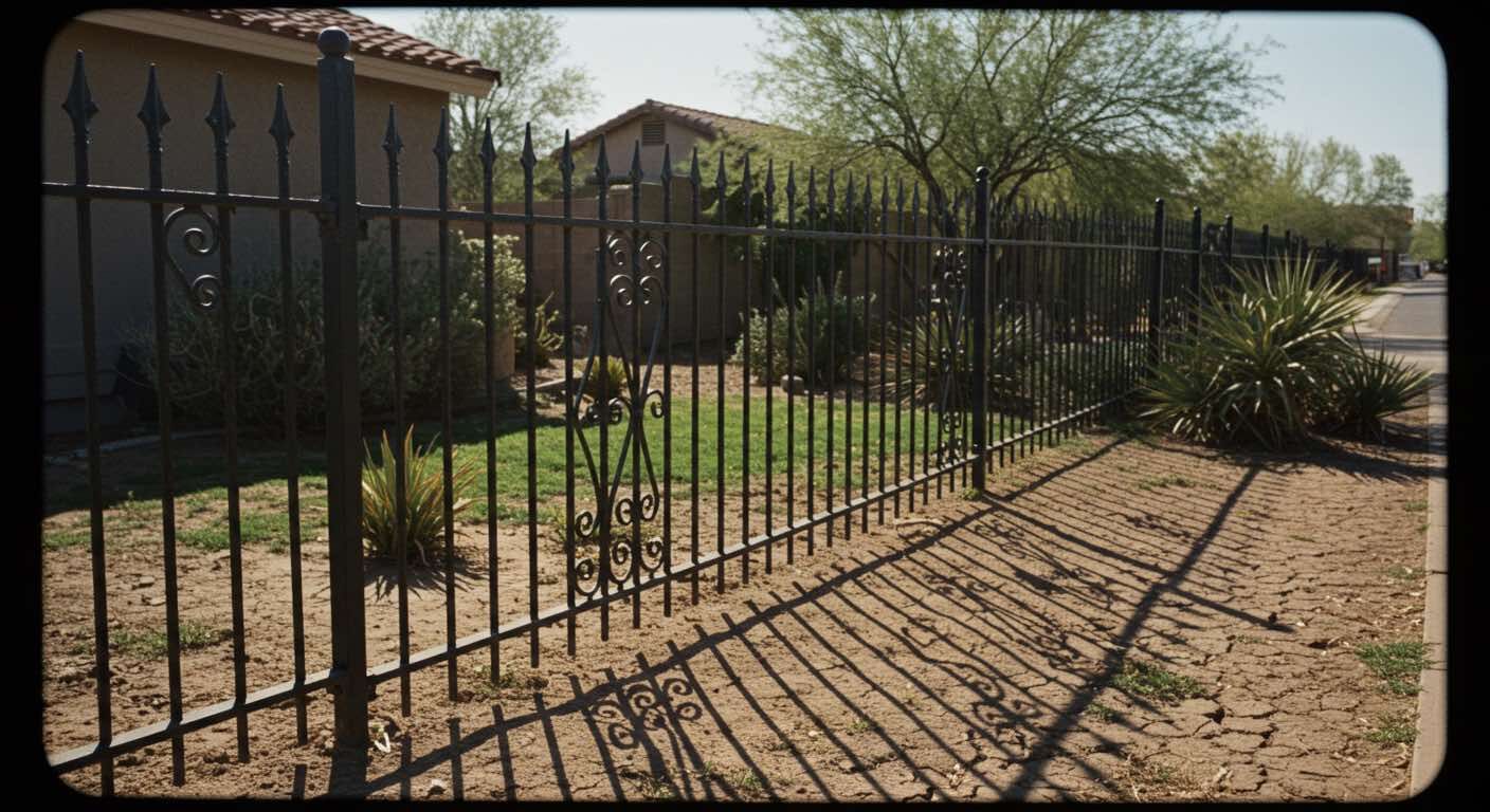 A wrought iron fence with a house in the background