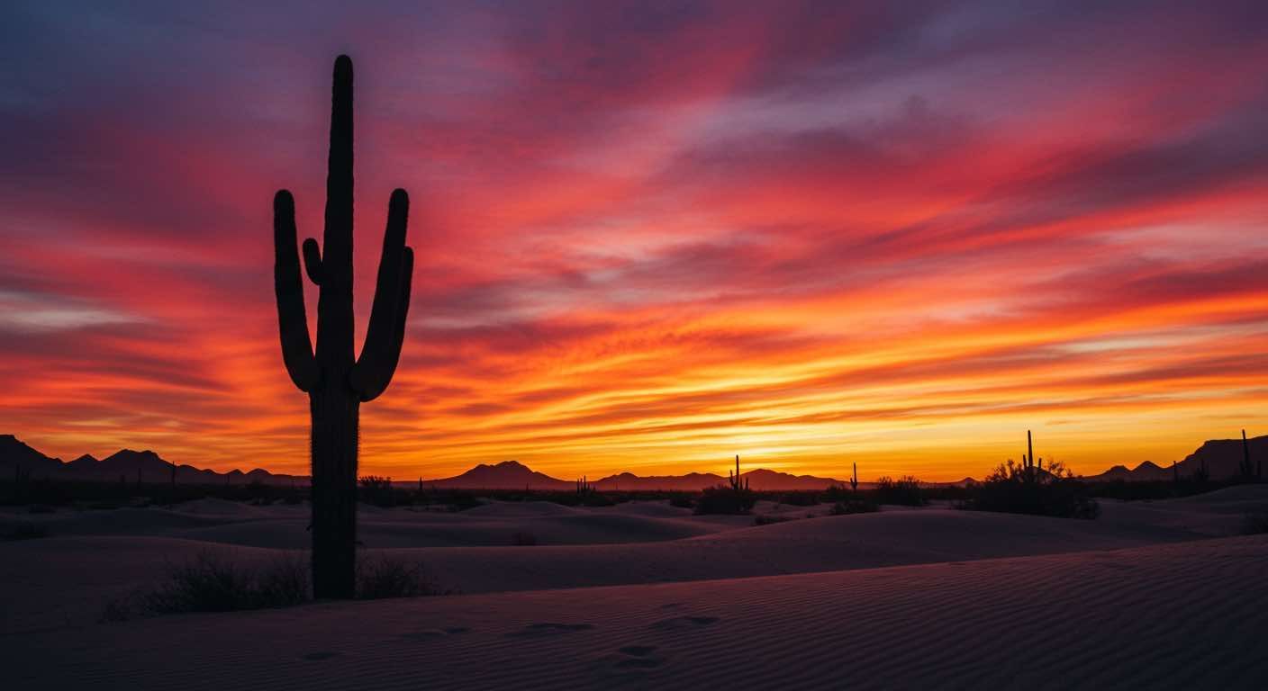 A saguaro cactus is silhouetted against a colorful sunset in the desert.