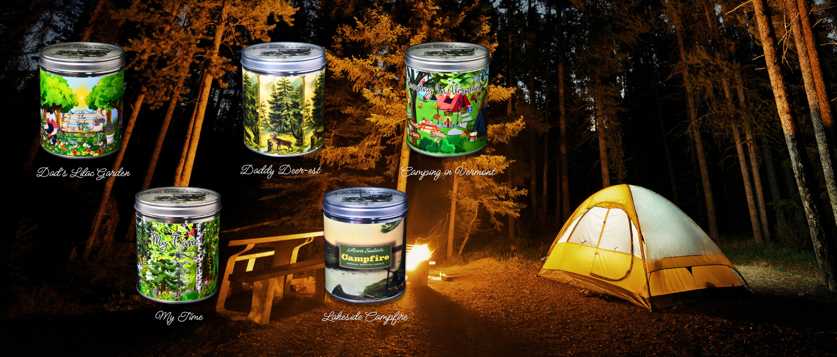 Aunt Sadie's Candles Father's Day collection overlays a scene of a lit up tent in a forest near a campfire