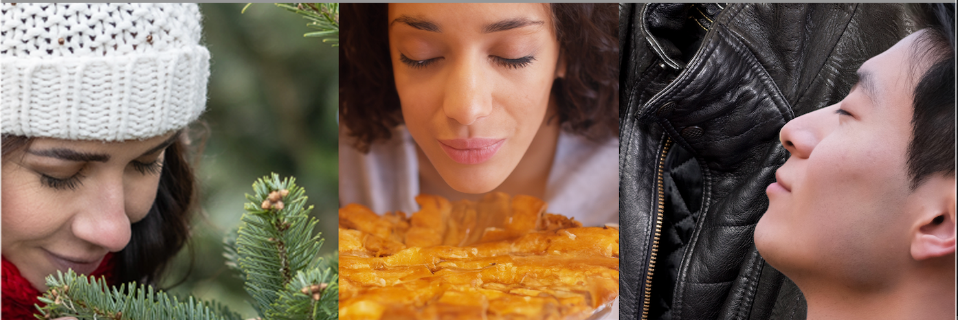 The first photo captures a woman experiencing the aroma of a fir tree, reflecting a connection with nature. In the second photo, a woman is depicted savoring the scent of an apple pie, evoking a sense of comfort and familiarity. The third photo shows a man inhaling the fragrance of a leather jacket, suggesting an appreciation for the distinct scent of the material.