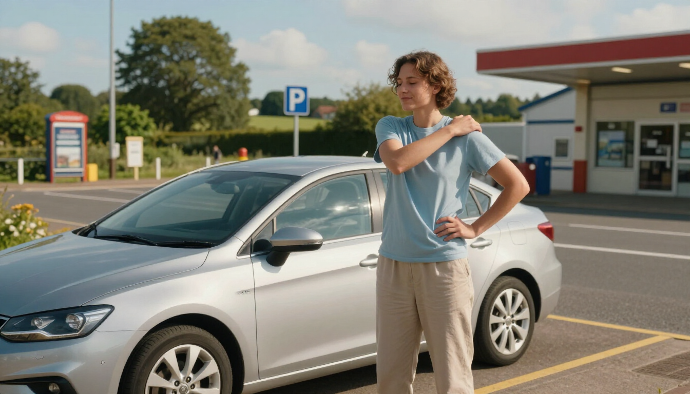 Person standing beside a silver car in a parking lot, pointing toward the vehicle's hood.