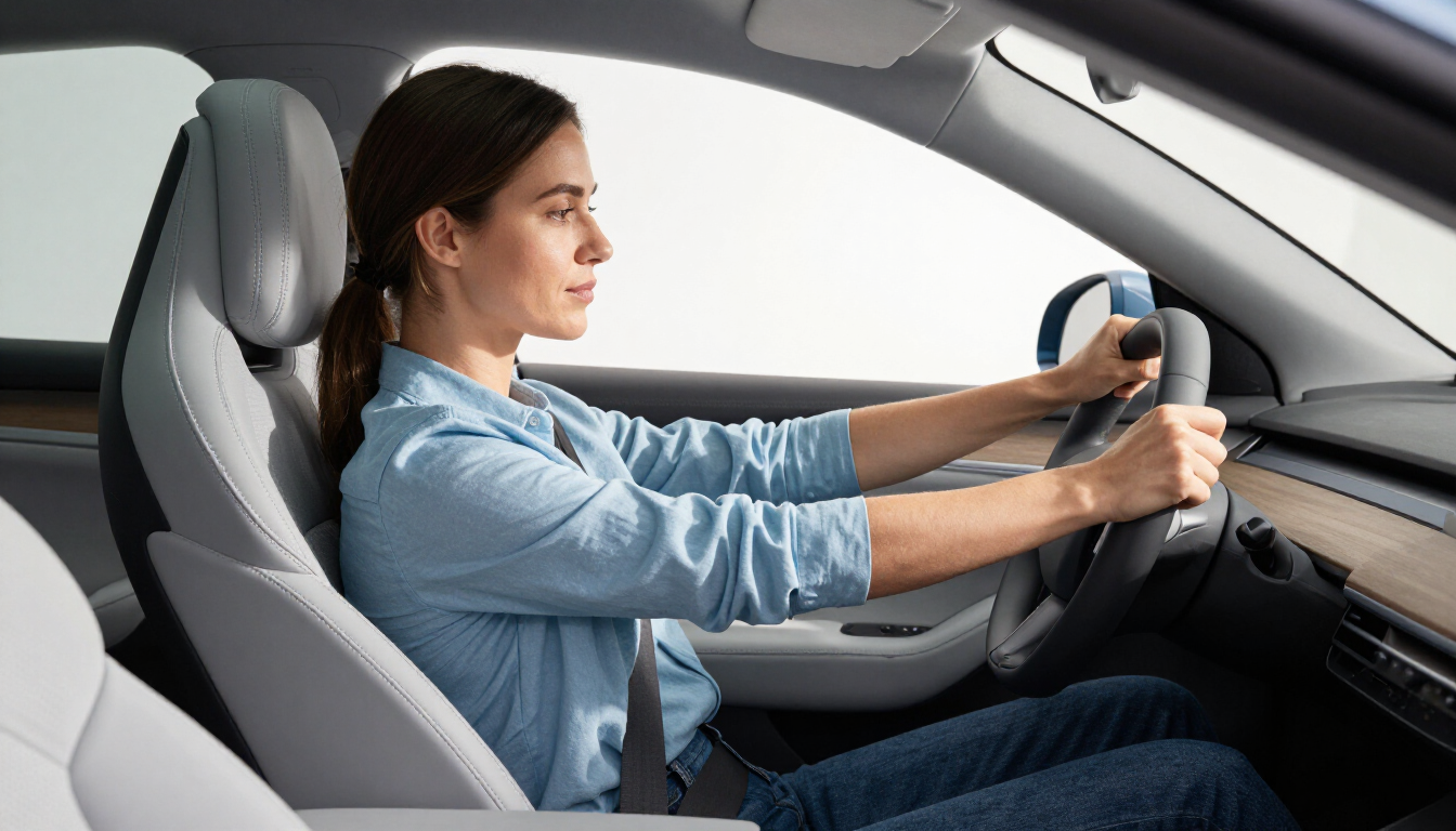Woman driving a car, seated upright with hands on the steering wheel in a modern interior