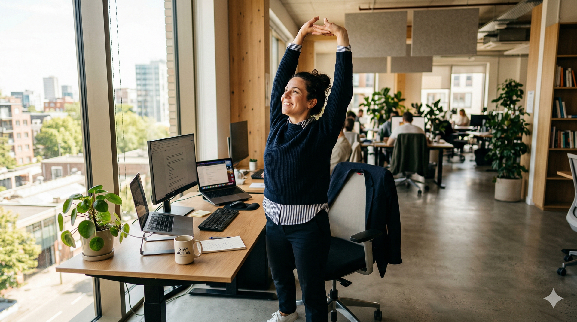 A person in an office stands by their desk, arms stretched overhead, looking out the window.