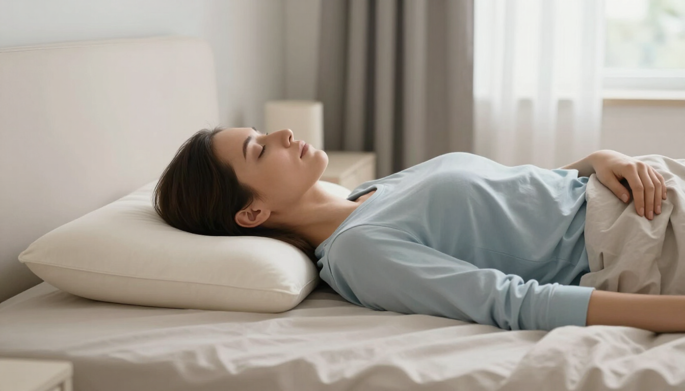 Woman lying on a bed with eyes closed, resting on a white pillow in a bright bedroom.