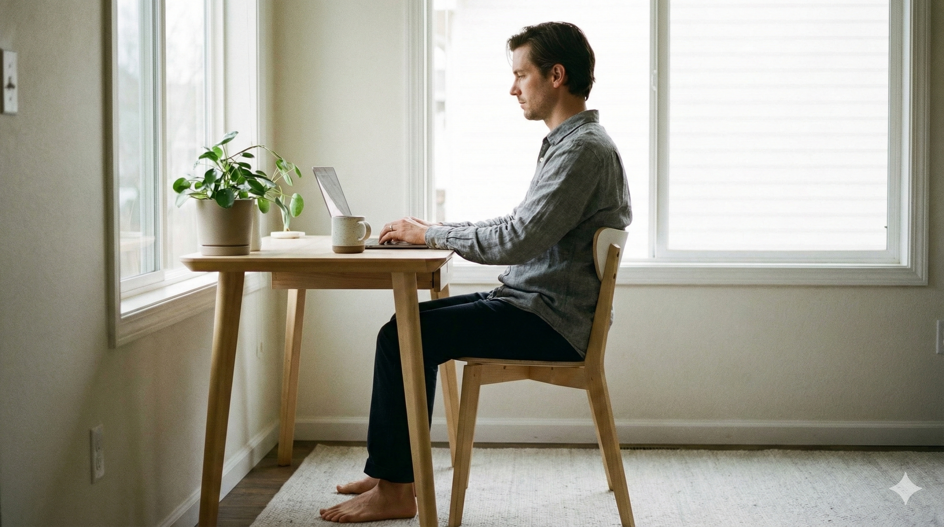 Man seated at a wooden desk, using a laptop near a window, barefoot.