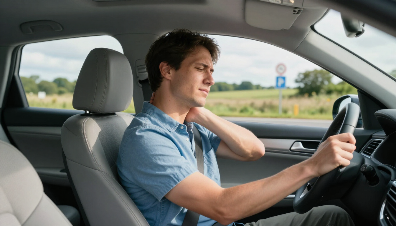 Man driving a car and holding his neck, looking uncomfortable on a highway.
