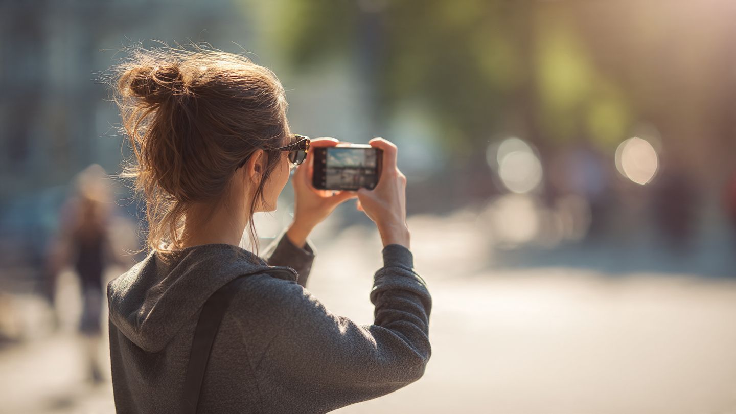 A person wearing a grey hoodie and sunglasses holds up a smartphone to take a photo in a softly lit, blurred outdoor space.