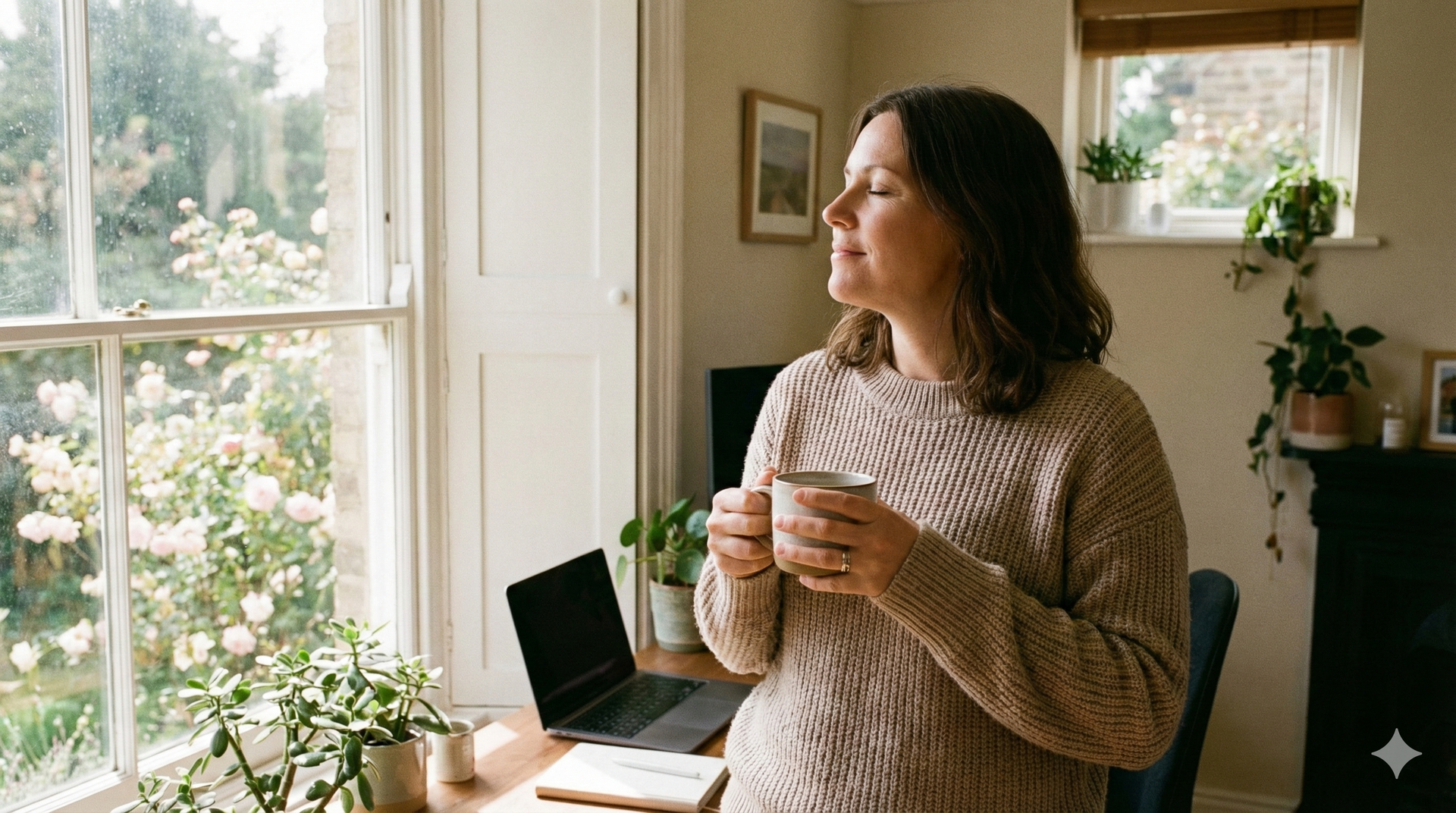 Woman holding mug, looking out window at garden. Laptop, desk, and plants nearby.