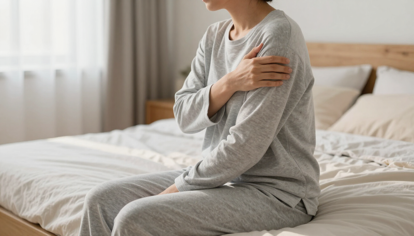 Person sitting on a bed, clutching their shoulder in a bright bedroom.