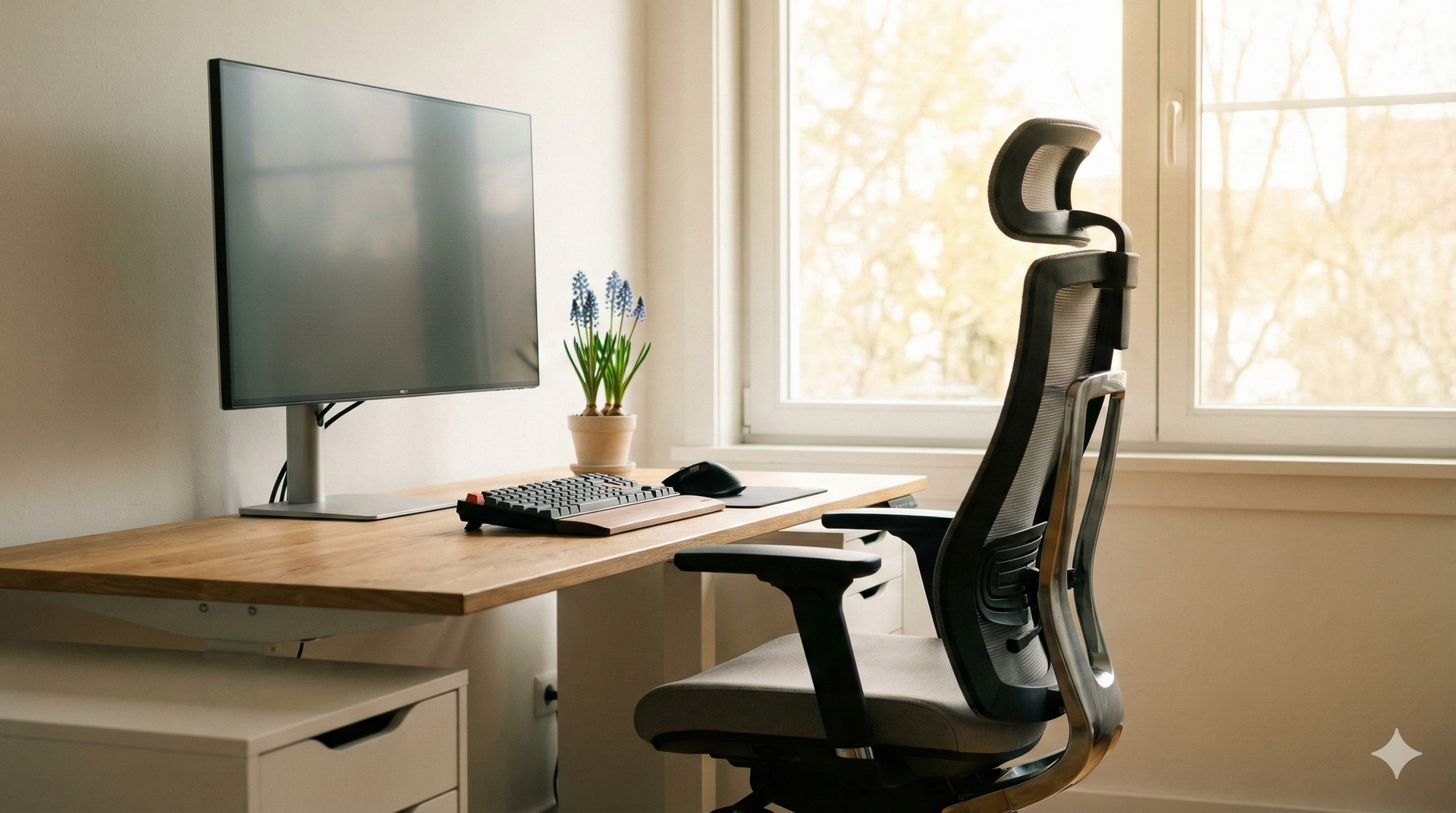 Desk with a large monitor, keyboard, and chair near a window with sunlight.