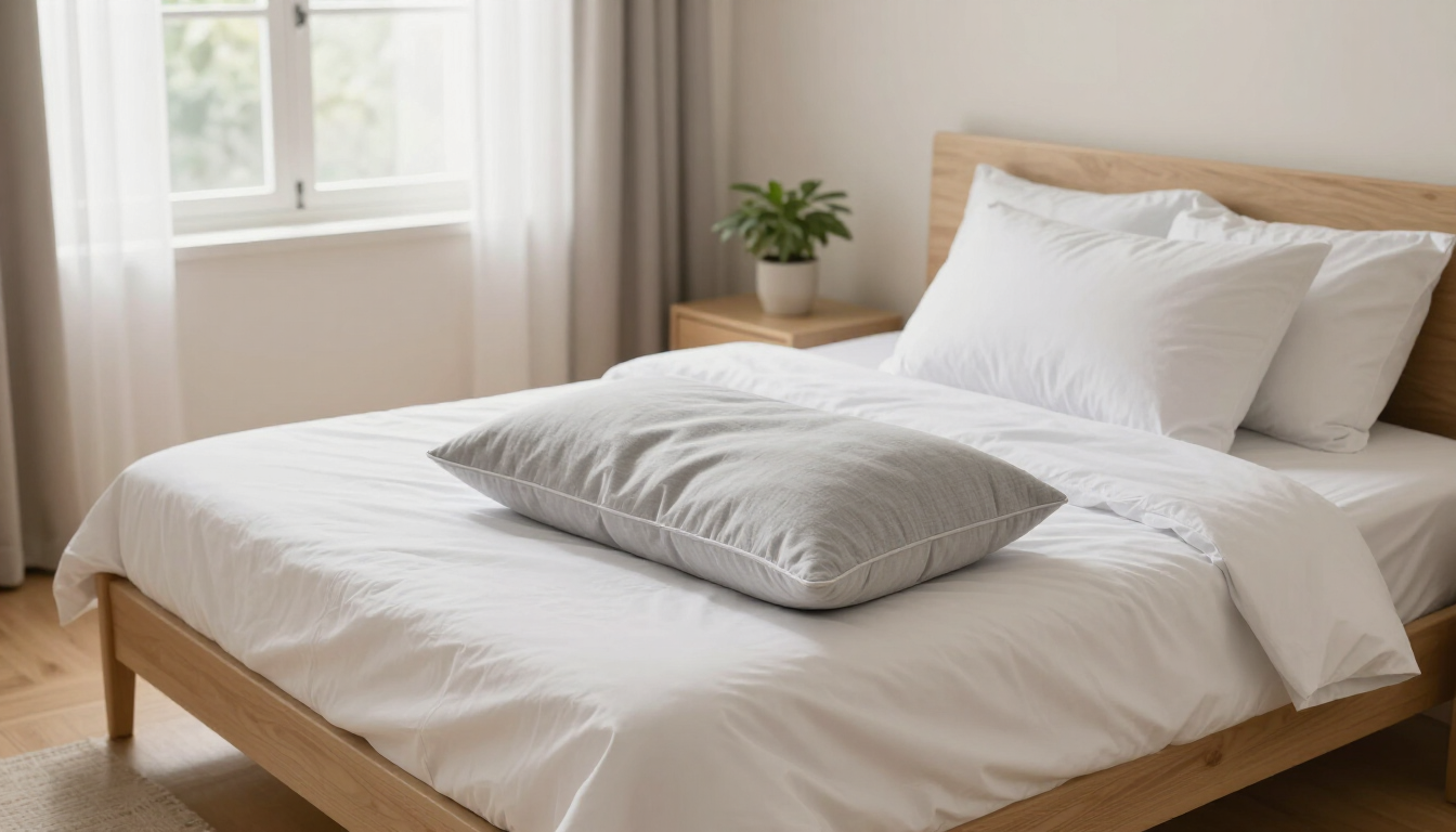 Neatly made bed with white bedding in a bright bedroom beside a window and small plant.