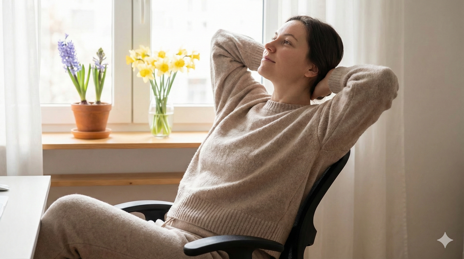 Woman relaxed in a chair with hands behind head, looking up, near a window with flowers.
