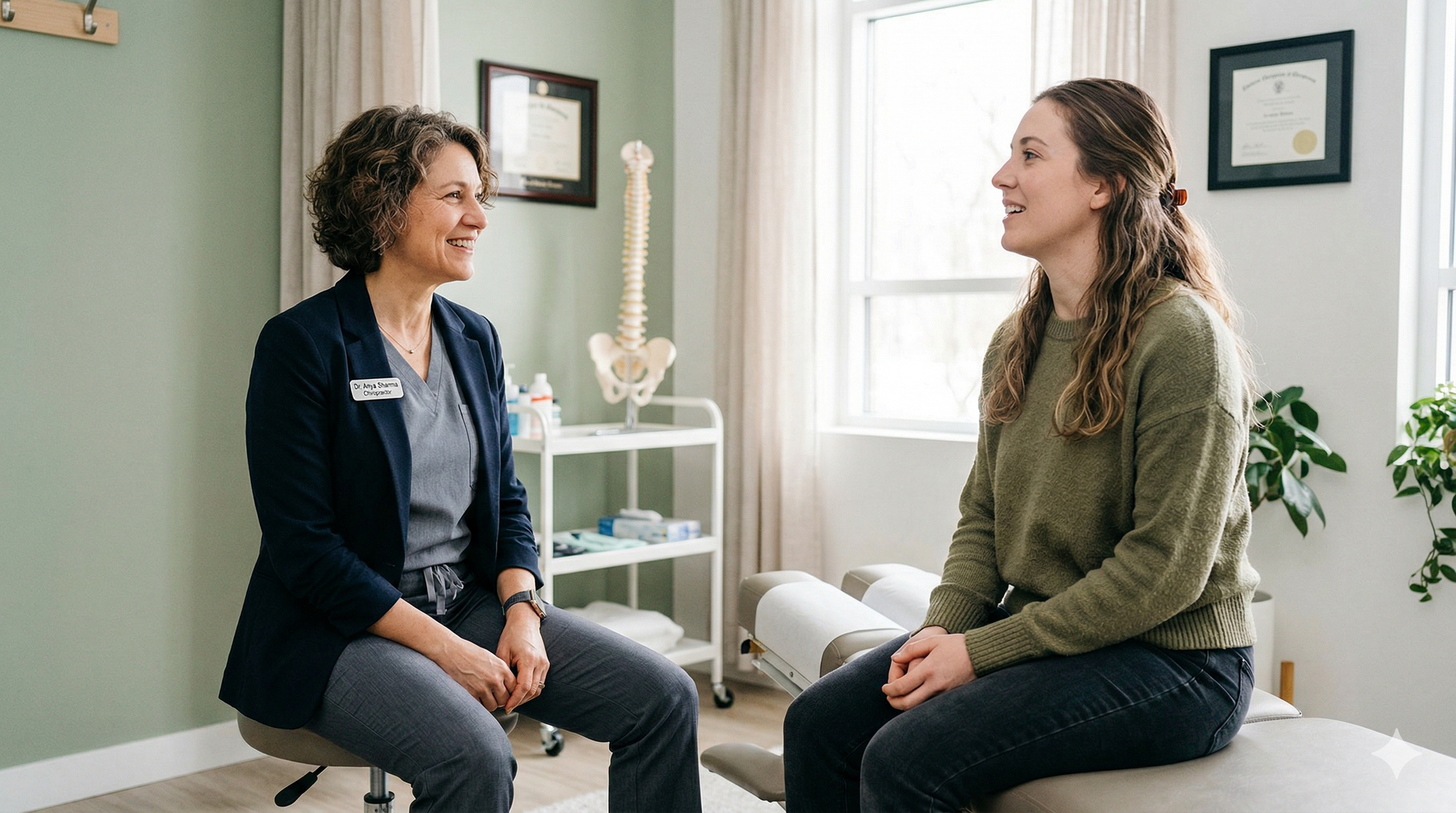 A professional clinician and a patient sitting in a bright office, engaged in a conversation during a consultation.