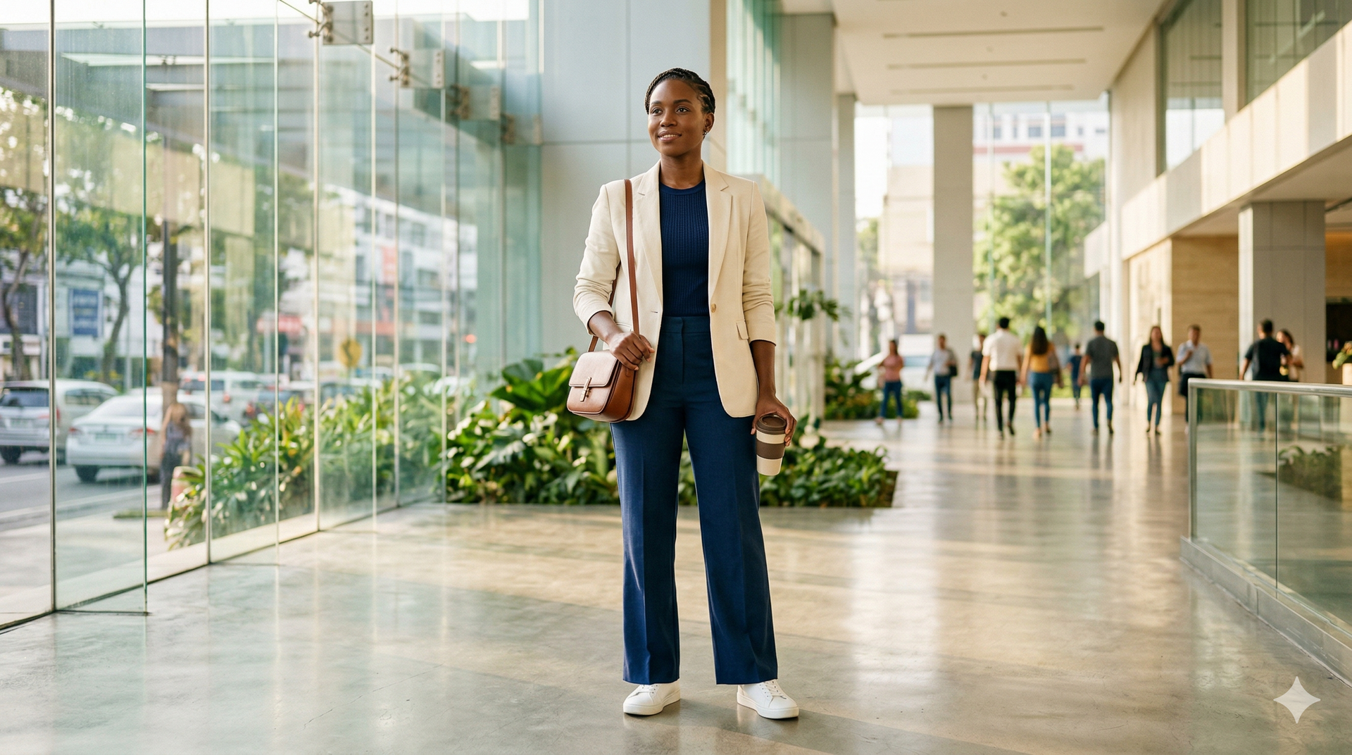 A person in a cream blazer and navy jumpsuit stands in a bright, modern indoor corridor with glass walls and greenery.