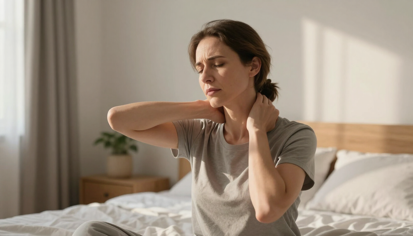 Woman touching her neck while sitting on a bed in a sunlit bedroom