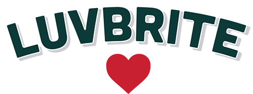 A logo for luvbrite with a red heart in the middle.