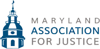 The maryland association for justice logo is a blue and white tower with a flag on top.